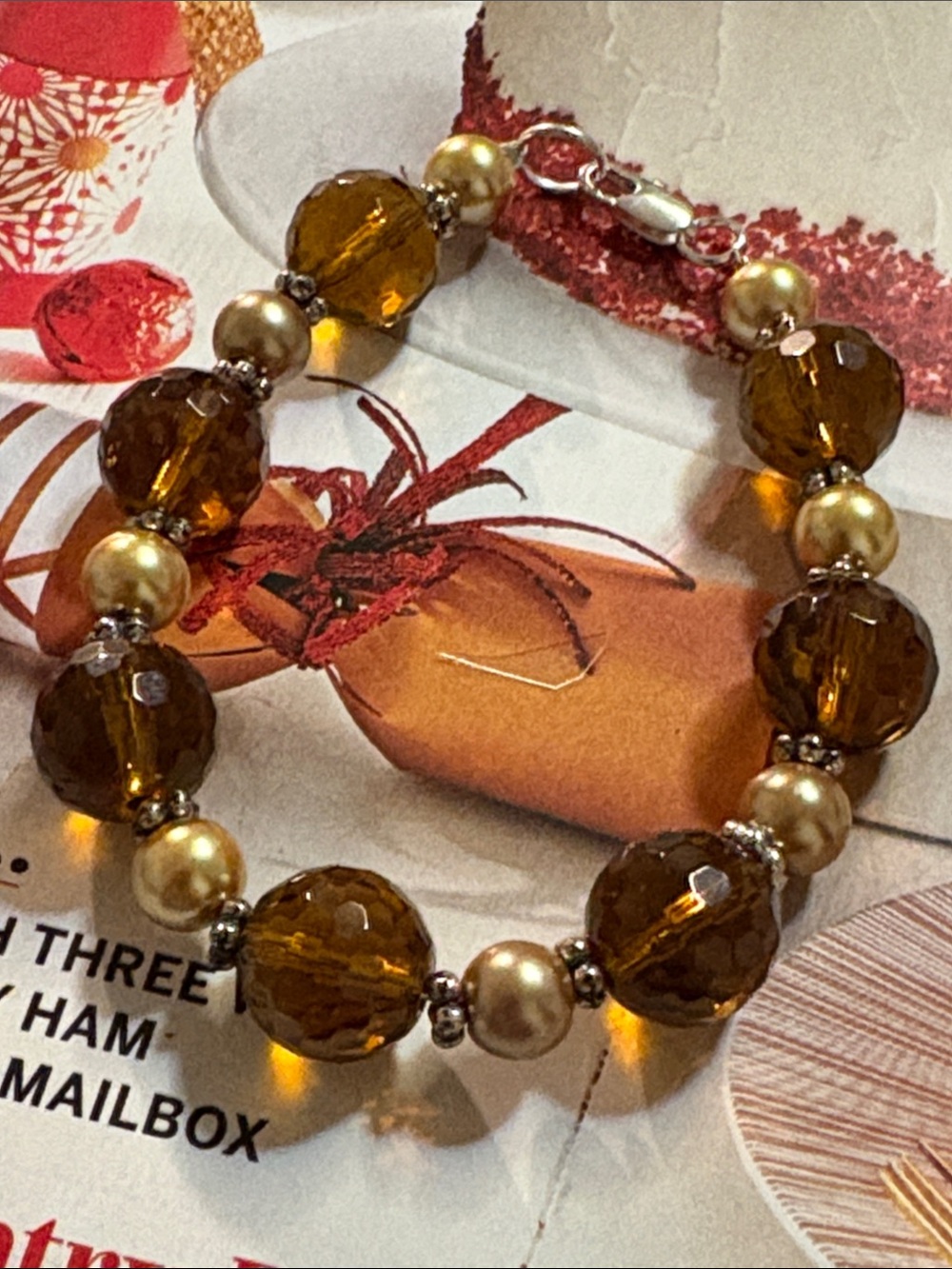 Artisan Amber Glass and Faux Pearl Bracelet